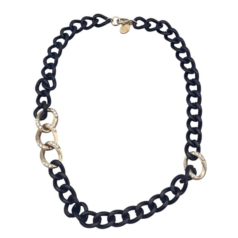 Rhinestone Curb Link Chunky Chain Necklace G Marked Black and Gold Tone